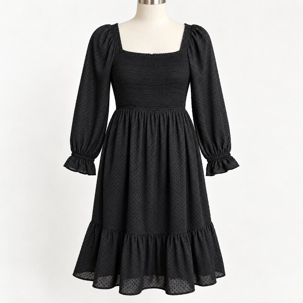 J Crew Sz M Black Swiss Dot Smocked Babydoll Dress Cottagecore Puff Sleeve